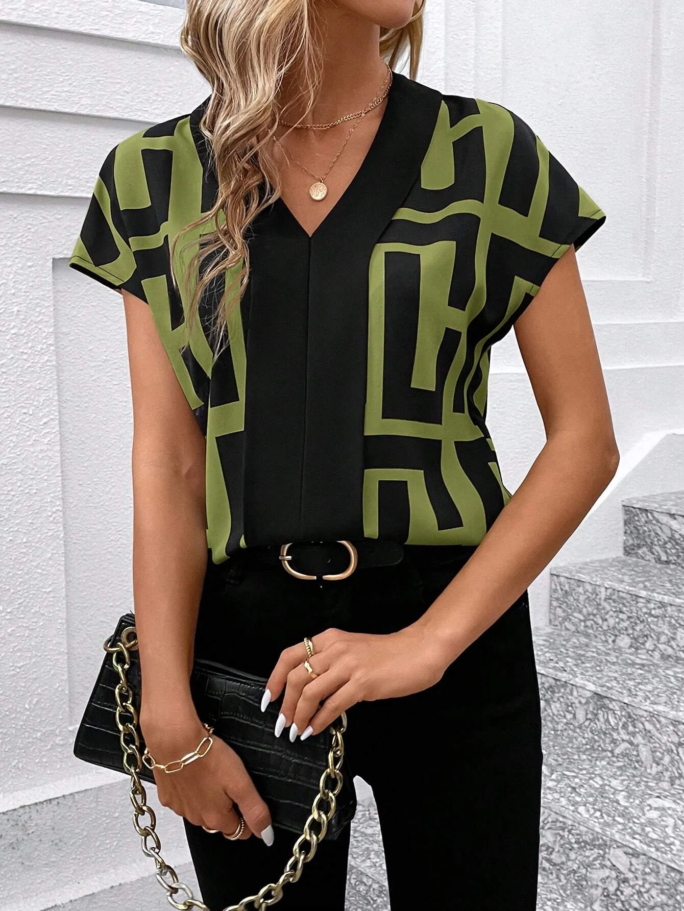 Clasi Women's V-Neck Floral Allover Print Short Sleeve Shirt For Office Lady, Summer