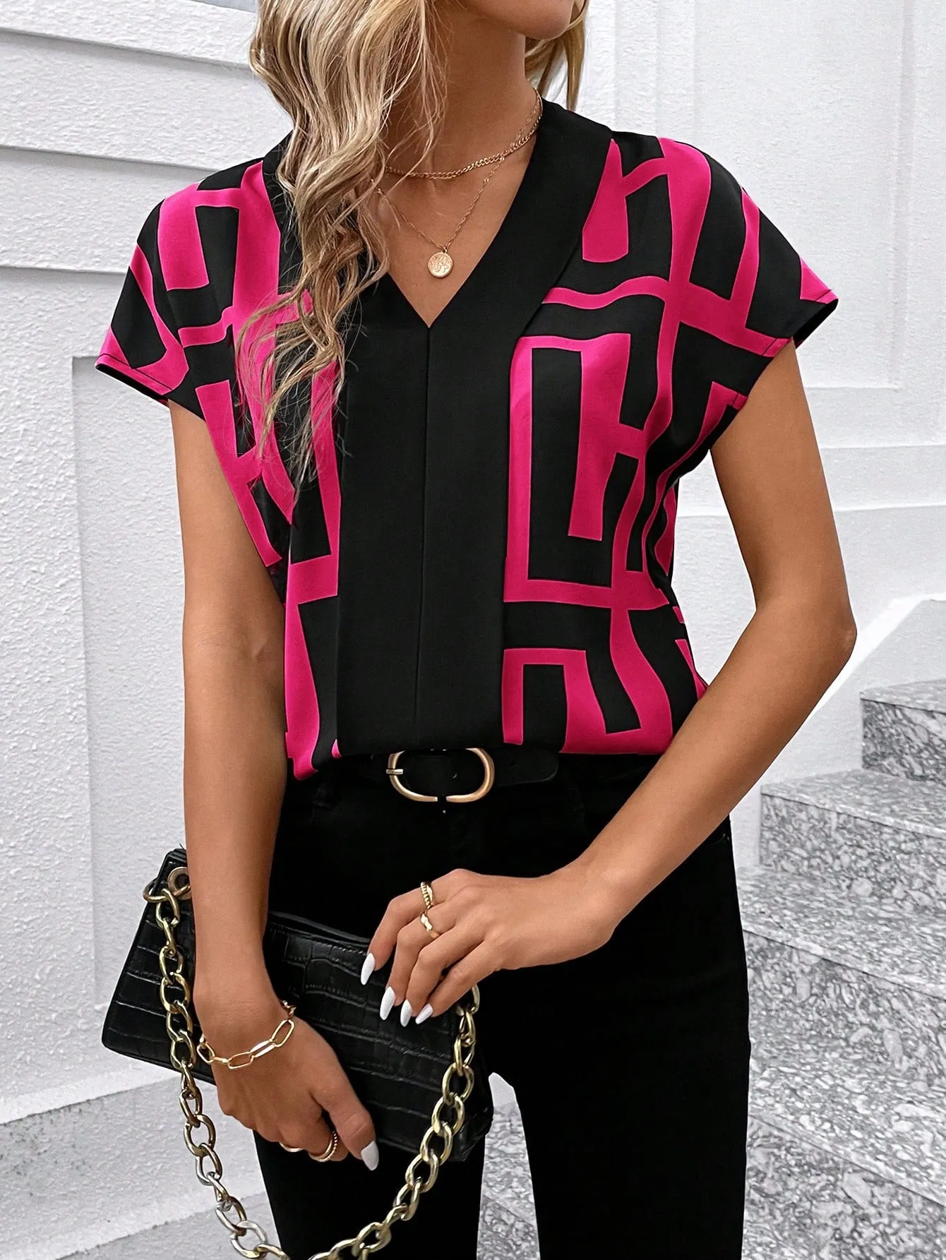 Clasi Women's V-Neck Floral Allover Print Short Sleeve Shirt For Office Lady, Summer