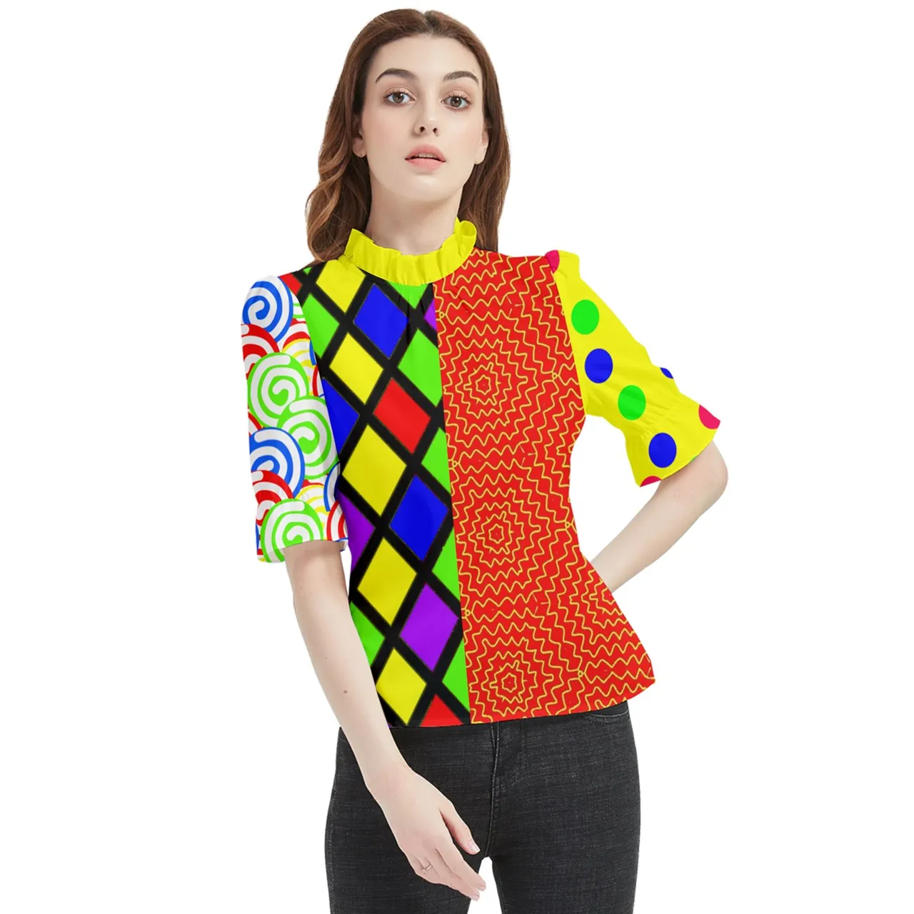Clowncore Pattern Block Frill Neck Blouse