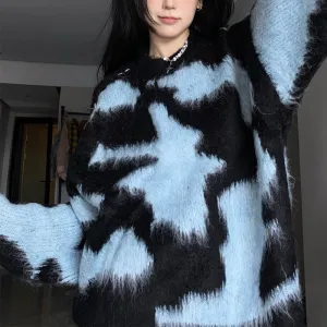 Contrast Fuzzy Knit Pullover Sweater