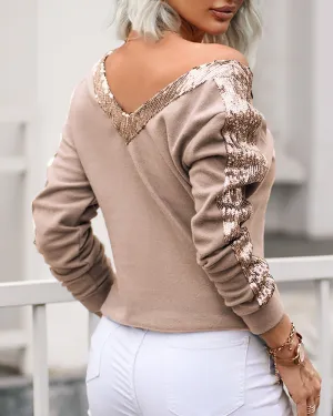 Contrast Sequins Fuzzy Long Sleeve Knit Sweater