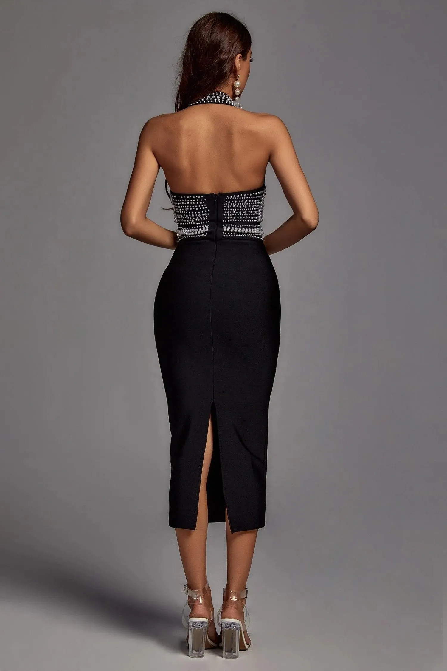 Cornelia Pearl Halter Bandage Dress - Black