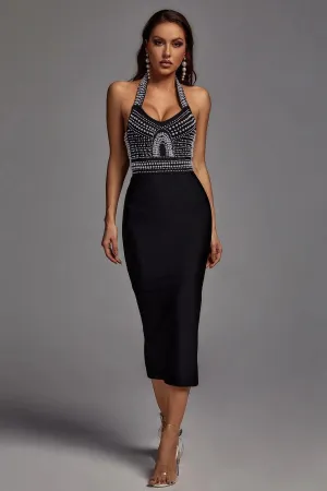 Cornelia Pearl Halter Bandage Dress - Black