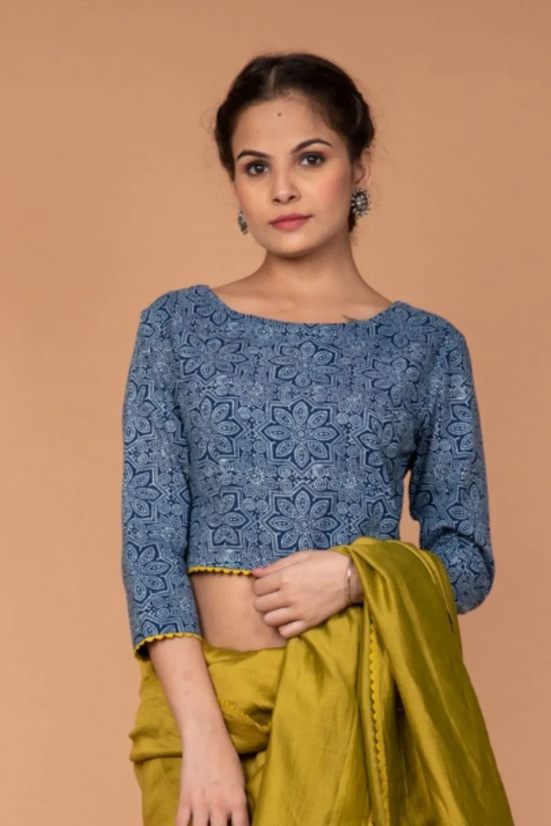 Cotton Hand Block Printed Blouse in Indigo