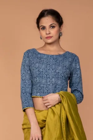 Cotton Hand Block Printed Blouse in Indigo