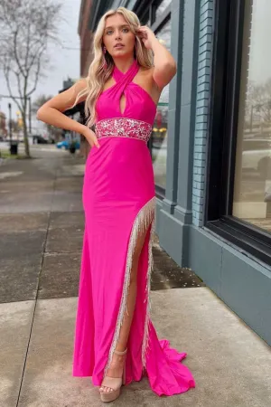 Cross-Front Beaded Fringe Long Prom Dresses with Slit