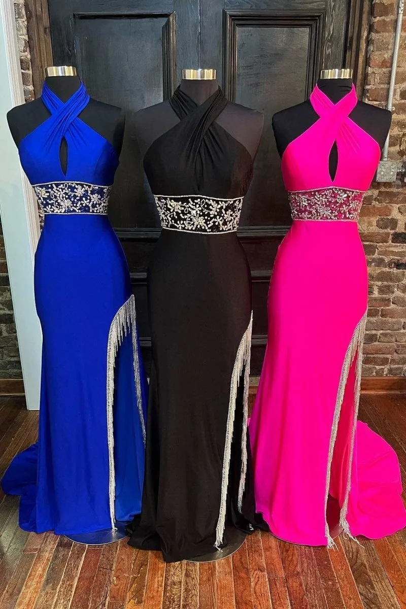 Cross-Front Beaded Fringe Long Prom Dresses with Slit