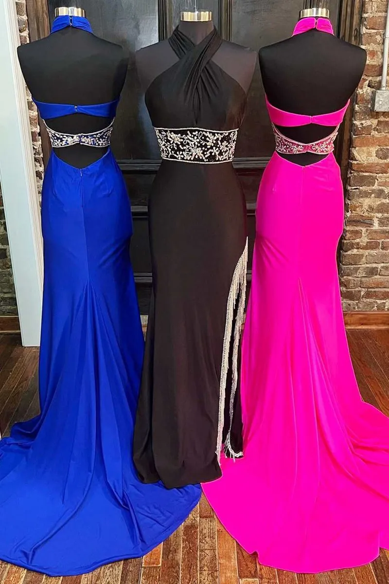 Cross-Front Beaded Fringe Long Prom Dresses with Slit