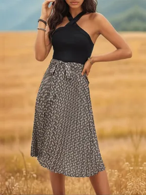 Cross Neck Halter Dress with Geometric Print and Tie Waist