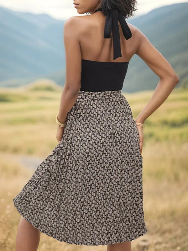 Cross Neck Halter Dress with Geometric Print and Tie Waist