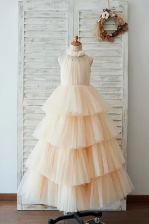 Cupcake Champagne/Ivory Tulle Halter Neck Wedding Flower Girl Dress
