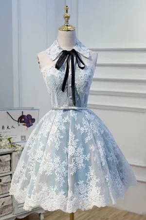 Cute Halter Homecoming Dresses with Lace Appliques