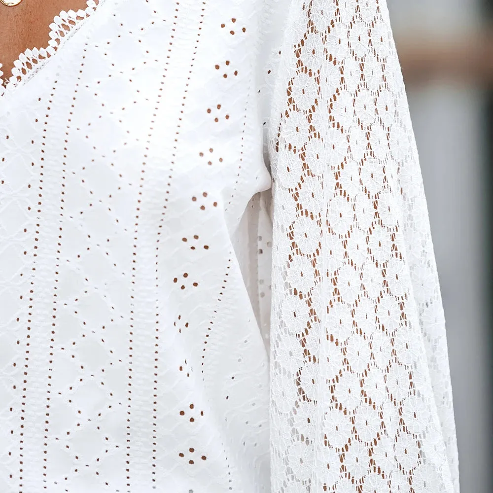 Cutout Scalloped Lace V-Neck Blouse