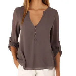 Deep V Neck Casual Chiffon Blouses Long Sleeves Gray Loose Casual Club Party Women Shirts Tops KL075