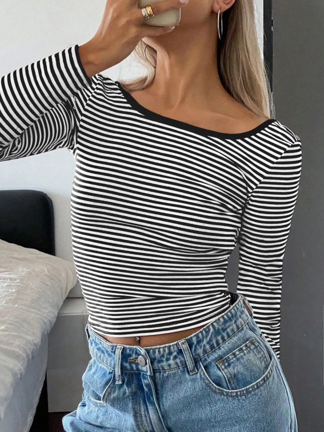 Devine Backless Striped Boat Neck Long Sleeve Top S-XL