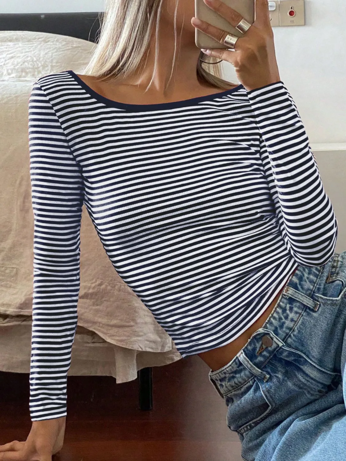 Devine Backless Striped Boat Neck Long Sleeve Top S-XL