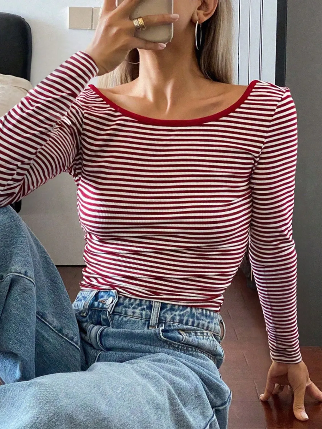 Devine Backless Striped Boat Neck Long Sleeve Top S-XL