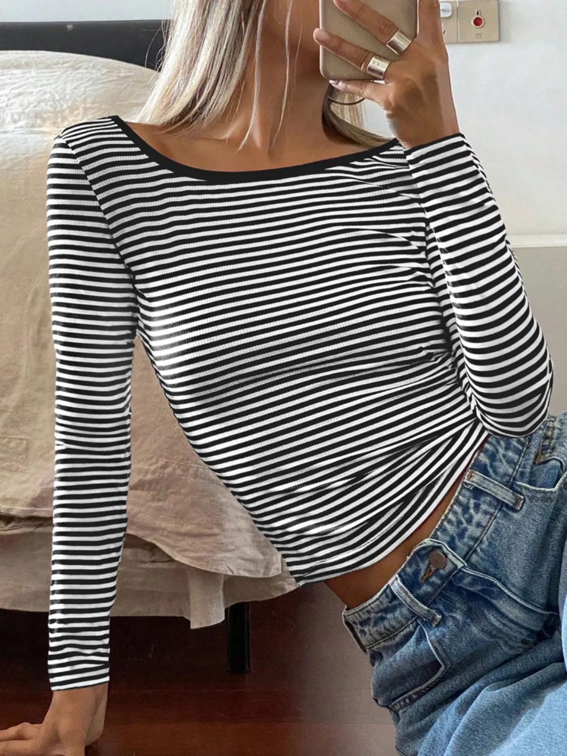 Devine Backless Striped Boat Neck Long Sleeve Top S-XL