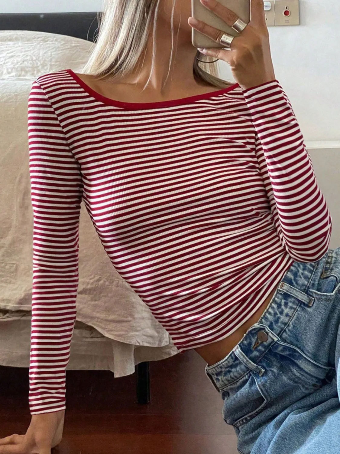 Devine Backless Striped Boat Neck Long Sleeve Top S-XL