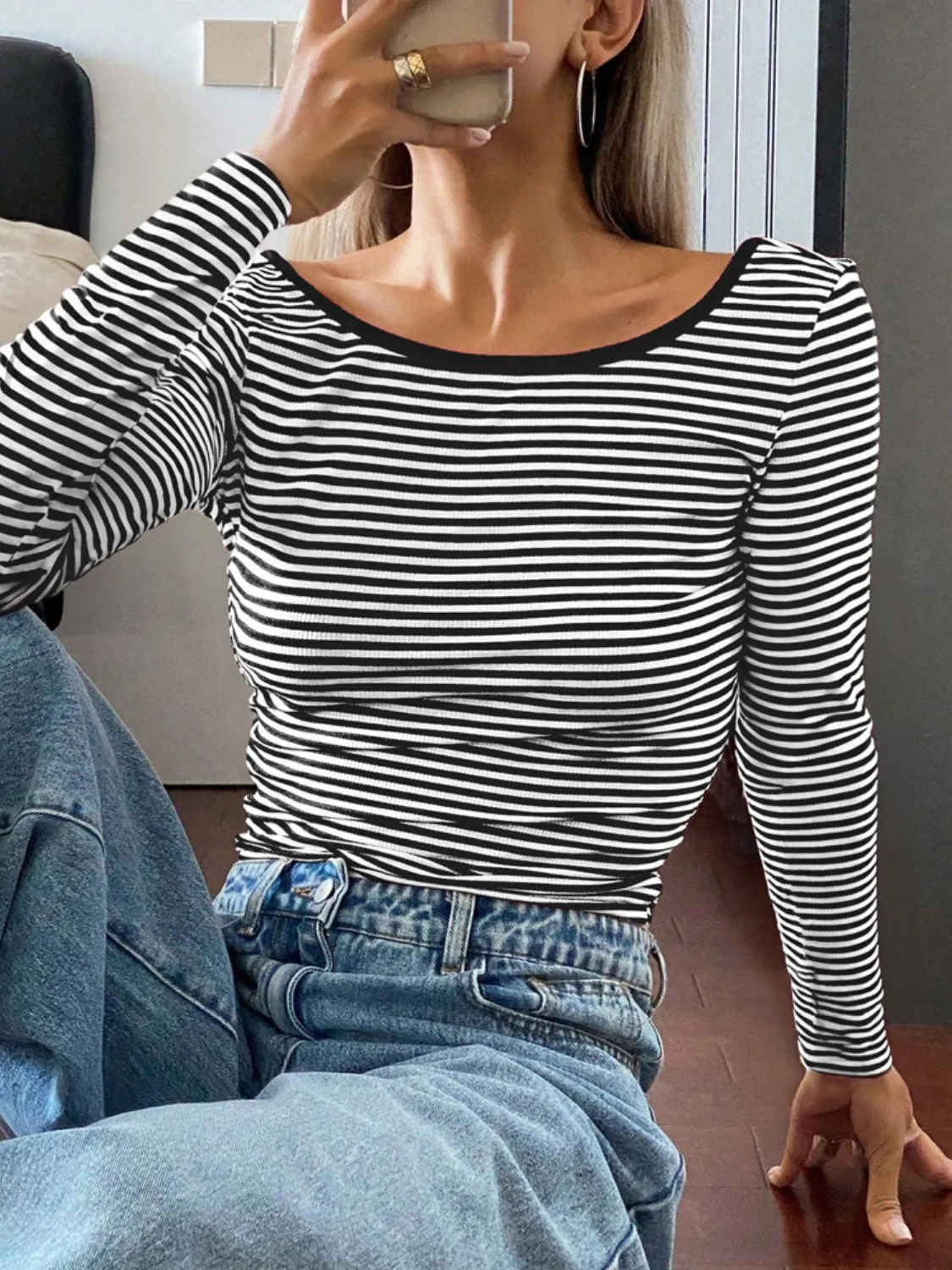 Devine Backless Striped Boat Neck Long Sleeve Top S-XL