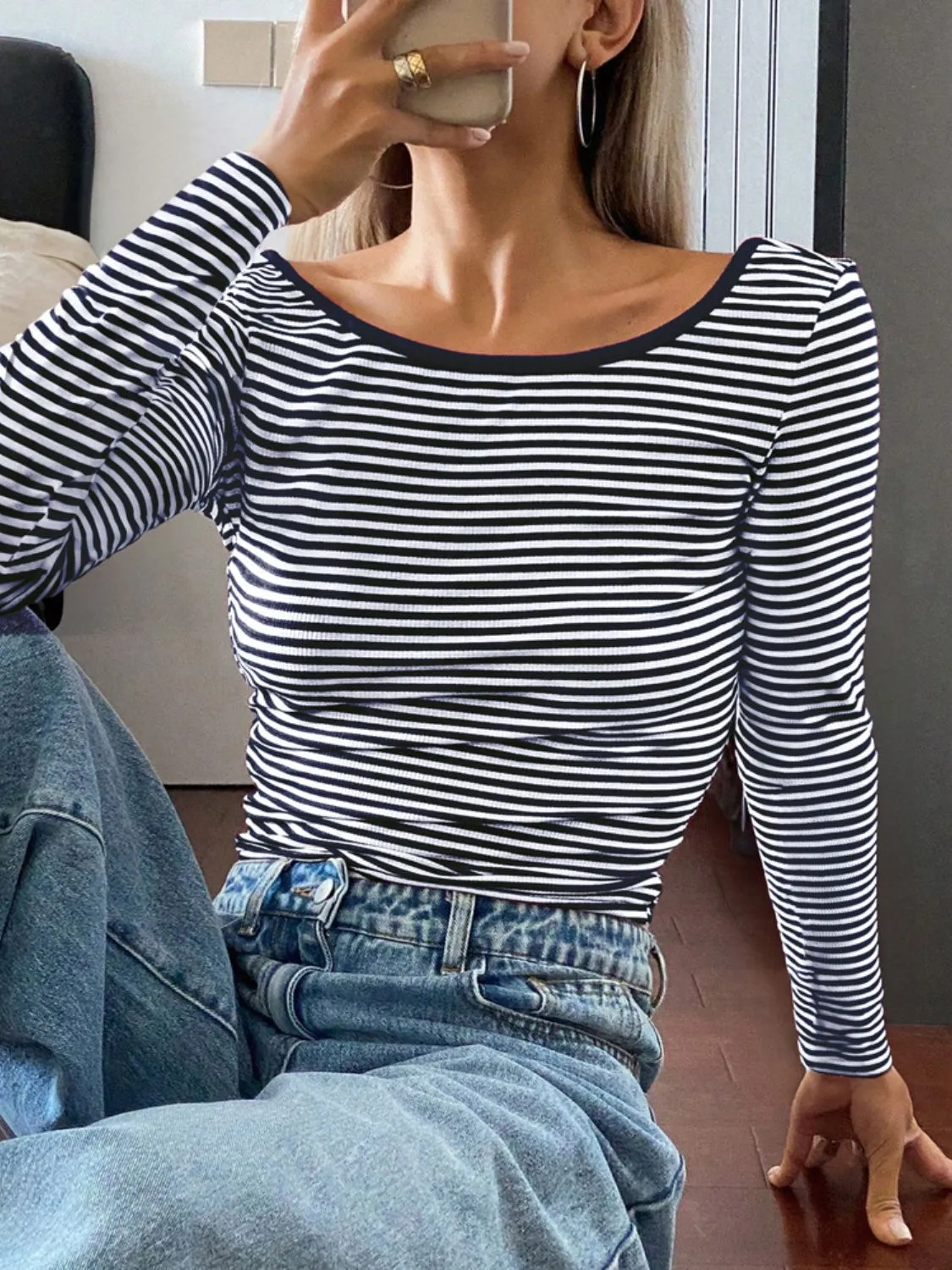 Devine Backless Striped Boat Neck Long Sleeve Top S-XL