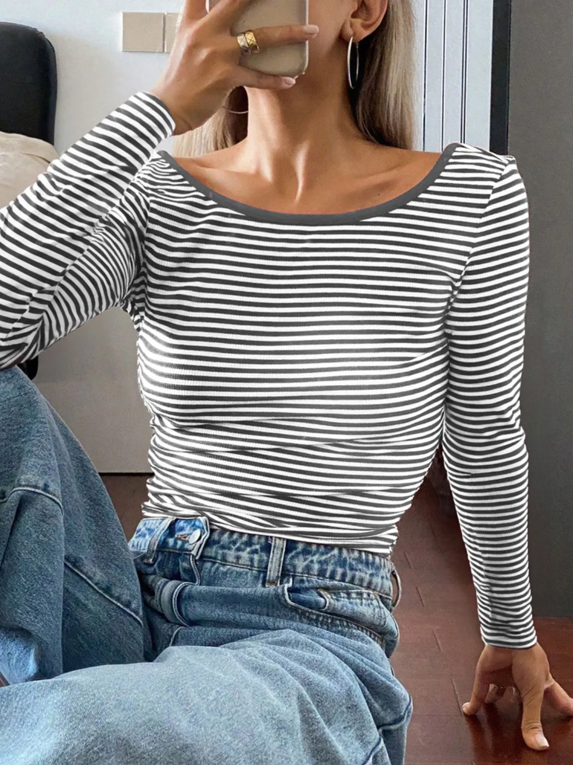 Devine Backless Striped Boat Neck Long Sleeve Top S-XL