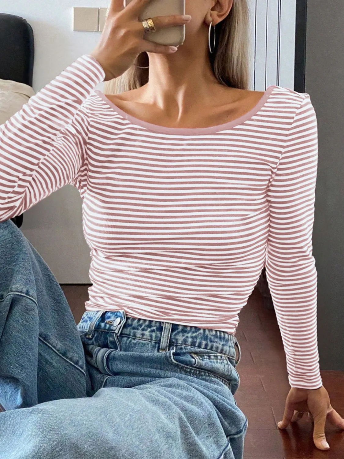 Devine Backless Striped Boat Neck Long Sleeve Top S-XL