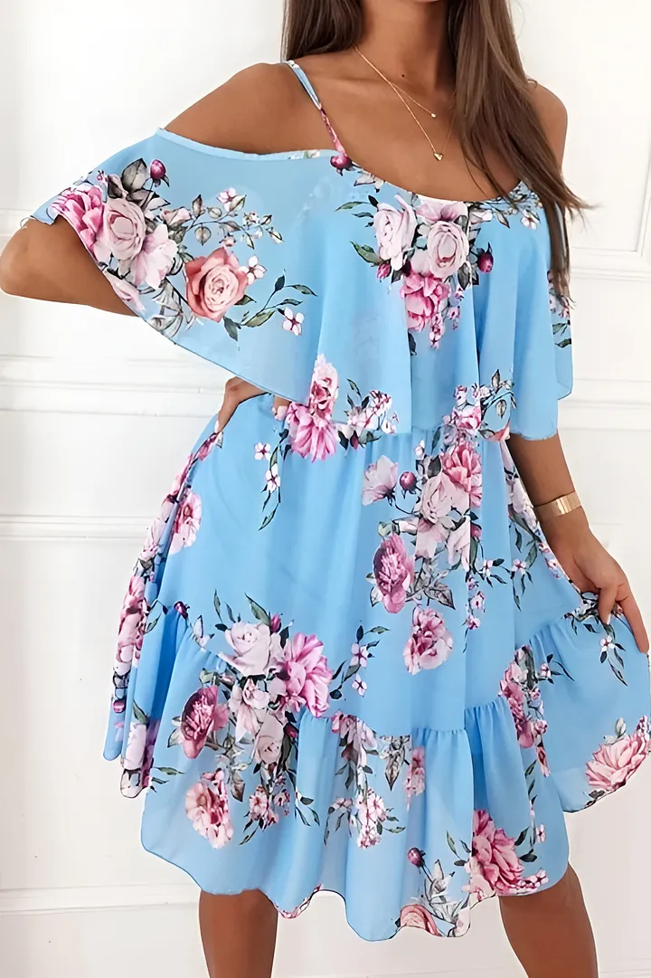 Dimity - Strapless chiffon dress with off-the-shoulder print