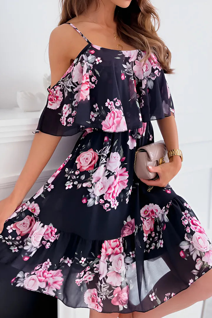 Dimity - Strapless chiffon dress with off-the-shoulder print