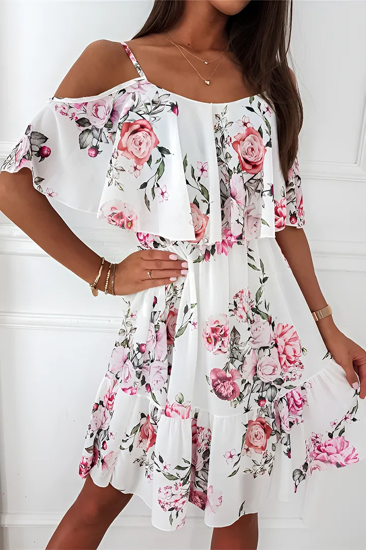 Dimity - Strapless chiffon dress with off-the-shoulder print