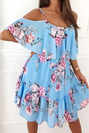 Dimity - Strapless chiffon dress with off-the-shoulder print
