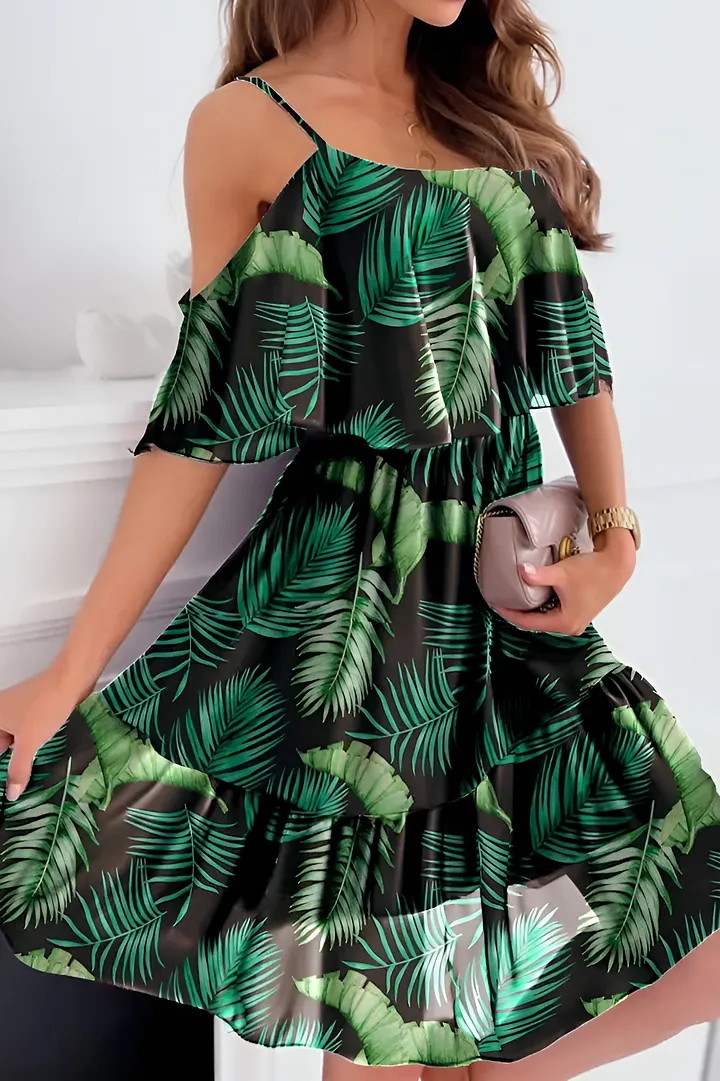 Dimity - Strapless chiffon dress with off-the-shoulder print