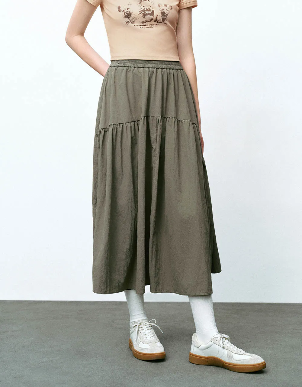 Elastic Waist Midi A-Line Skirt