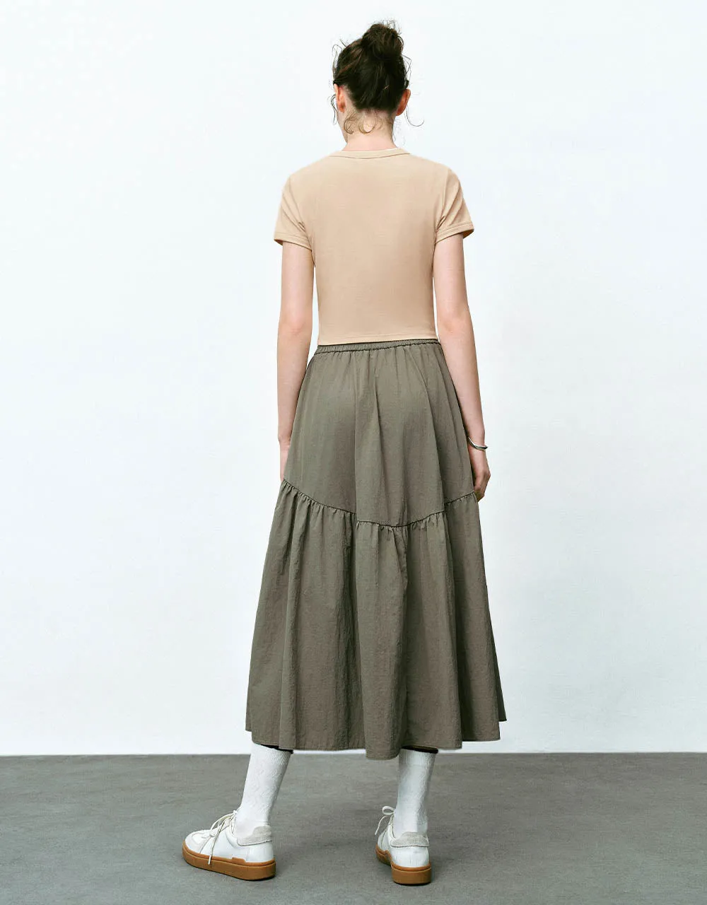Elastic Waist Midi A-Line Skirt