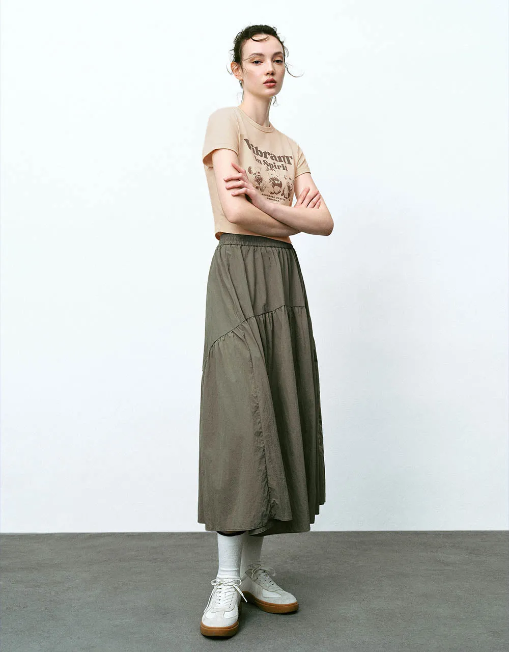 Elastic Waist Midi A-Line Skirt