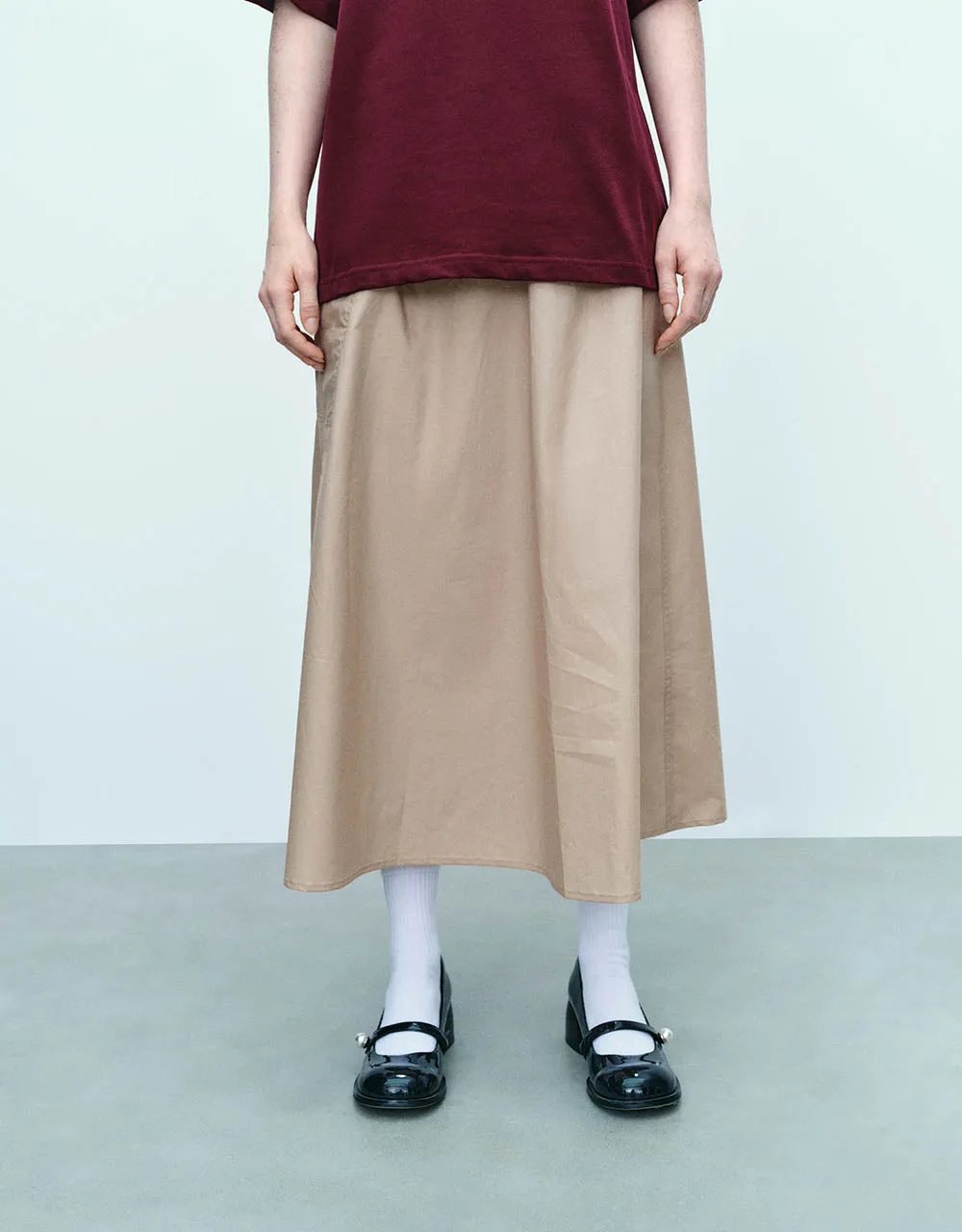 Elastic Waist Midi A-Line Skirt