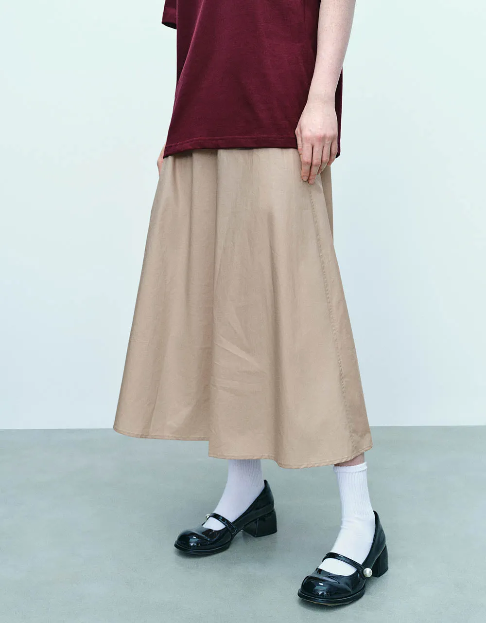 Elastic Waist Midi A-Line Skirt