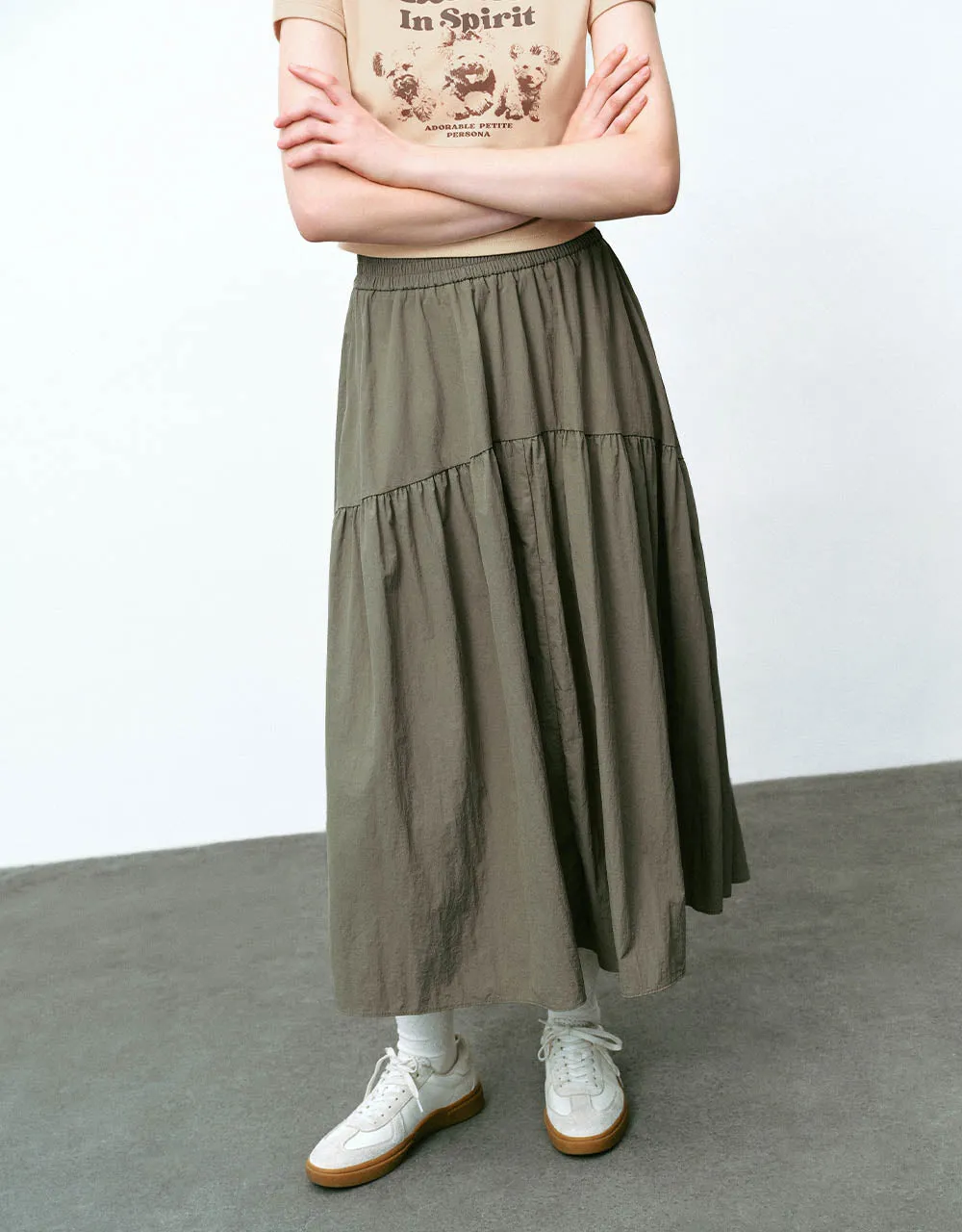 Elastic Waist Midi A-Line Skirt