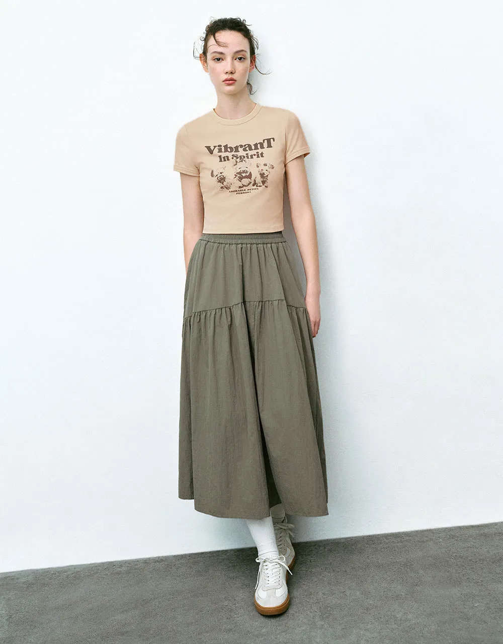 Elastic Waist Midi A-Line Skirt