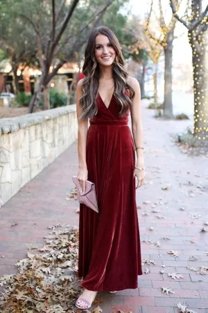 Elegant A-line Halter Backless Velvet Long Bridesmaid Dresses Prom Gown