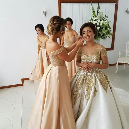 Elegant A -line Off the Shoulder Lace Long Bridesmaid Dresses with Beading,MBD138