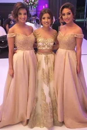 Elegant A -line Off the Shoulder Lace Long Bridesmaid Dresses with Beading,MBD138