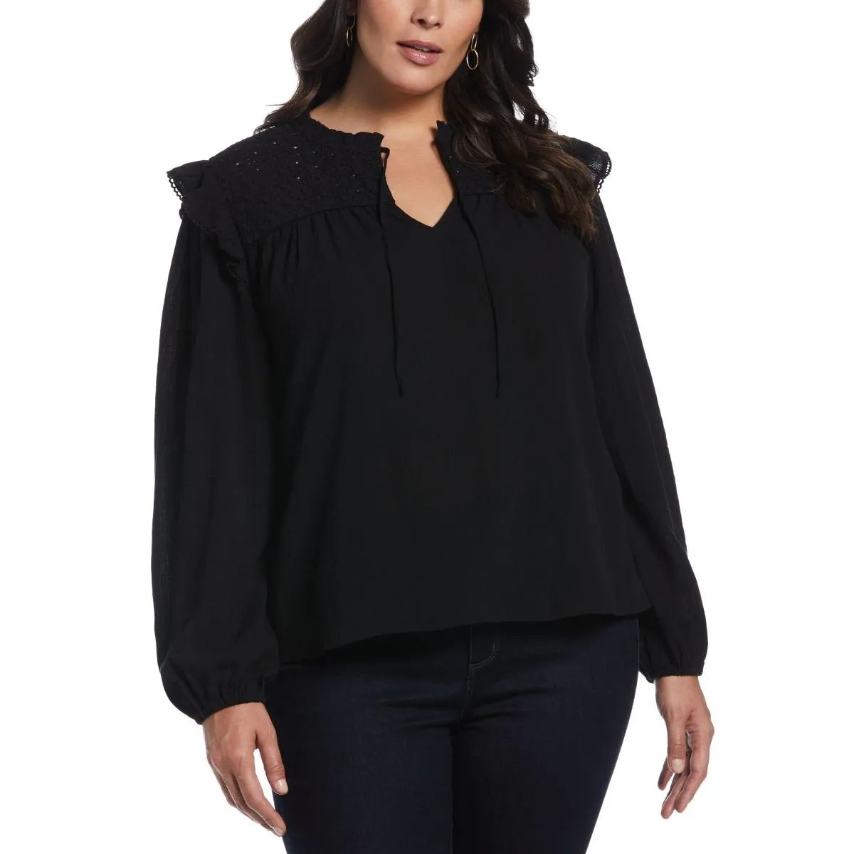 Ella Womens Plus Eyelet Ruffle Peasant Top