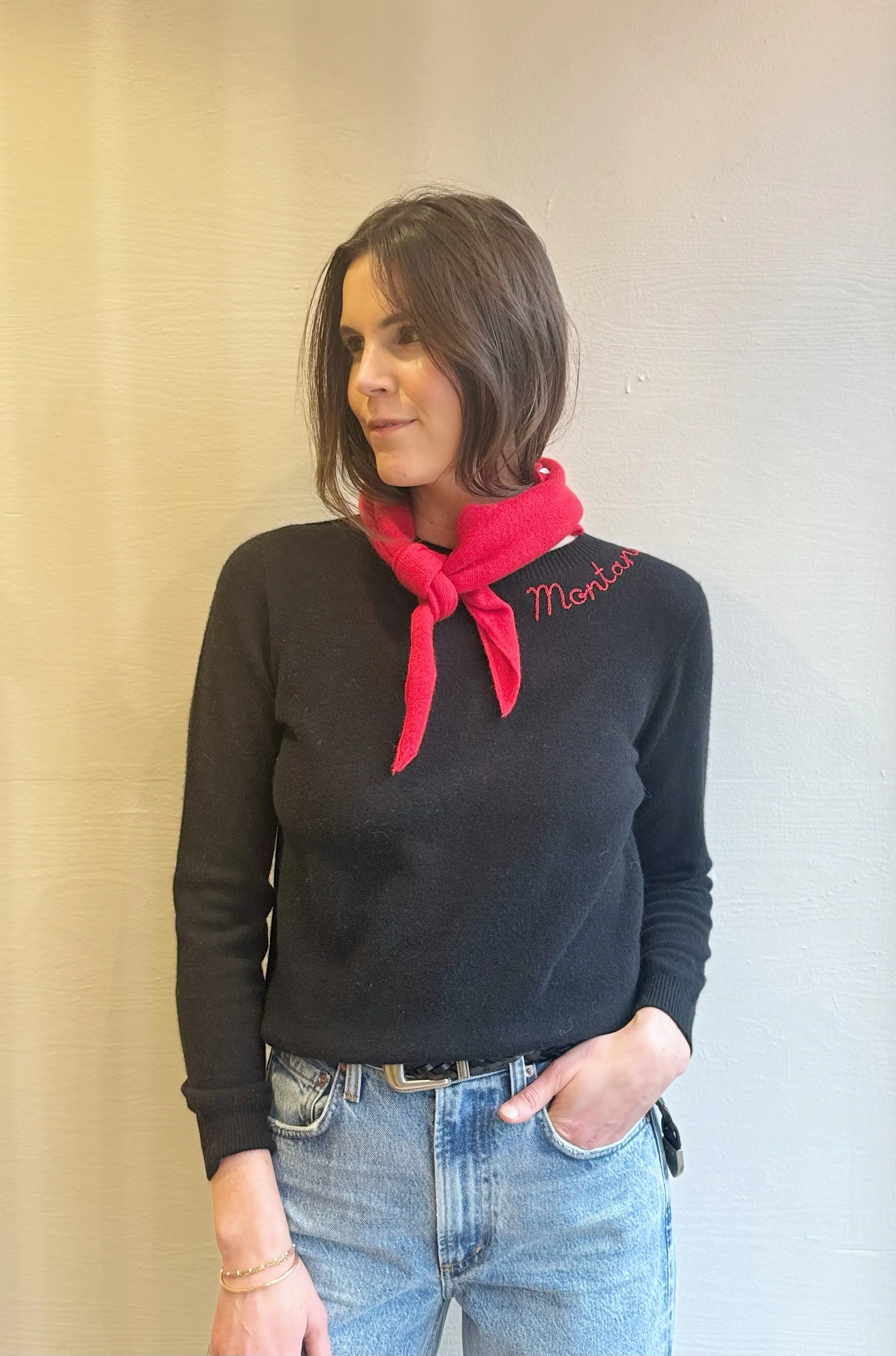 Embroidered Montana crew-neck cashmere sweater- black