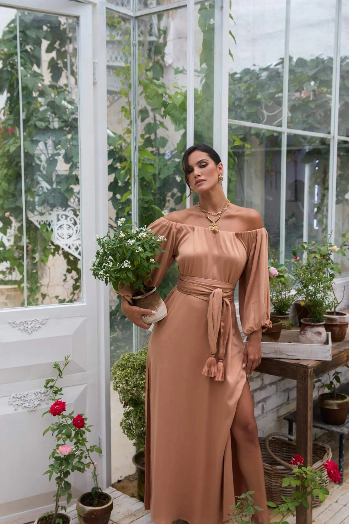 Eve Off The Shoulder Maxi Dress Mocha Mousse