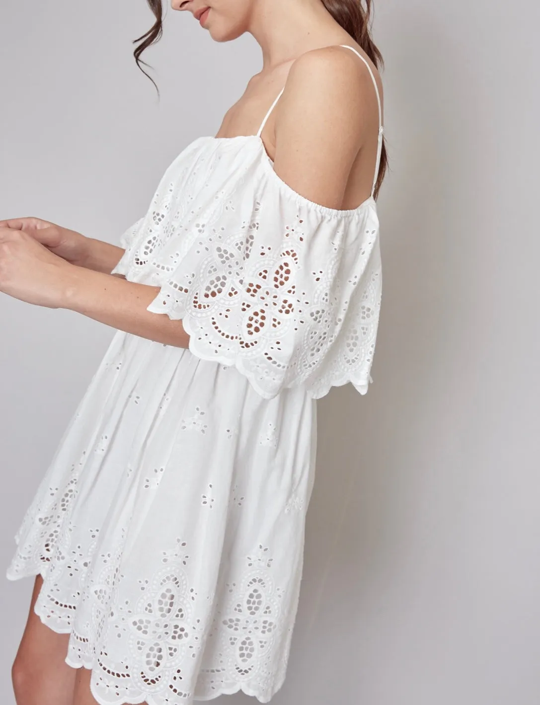 Eyelet Off The Shoulder A Line Mini Dress