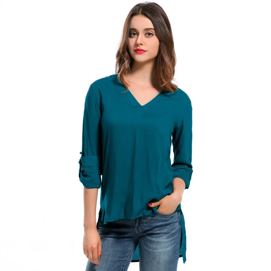 Fashion female V-neck blouses Cotton irregular Solid Loose Long sleeve shirts Ladies tops Streetwear Women Plus Size