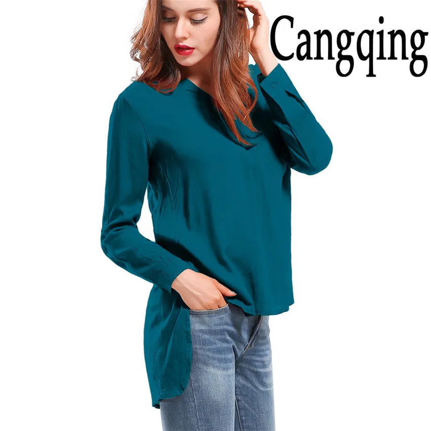 Fashion female V-neck blouses Cotton irregular Solid Loose Long sleeve shirts Ladies tops Streetwear Women Plus Size