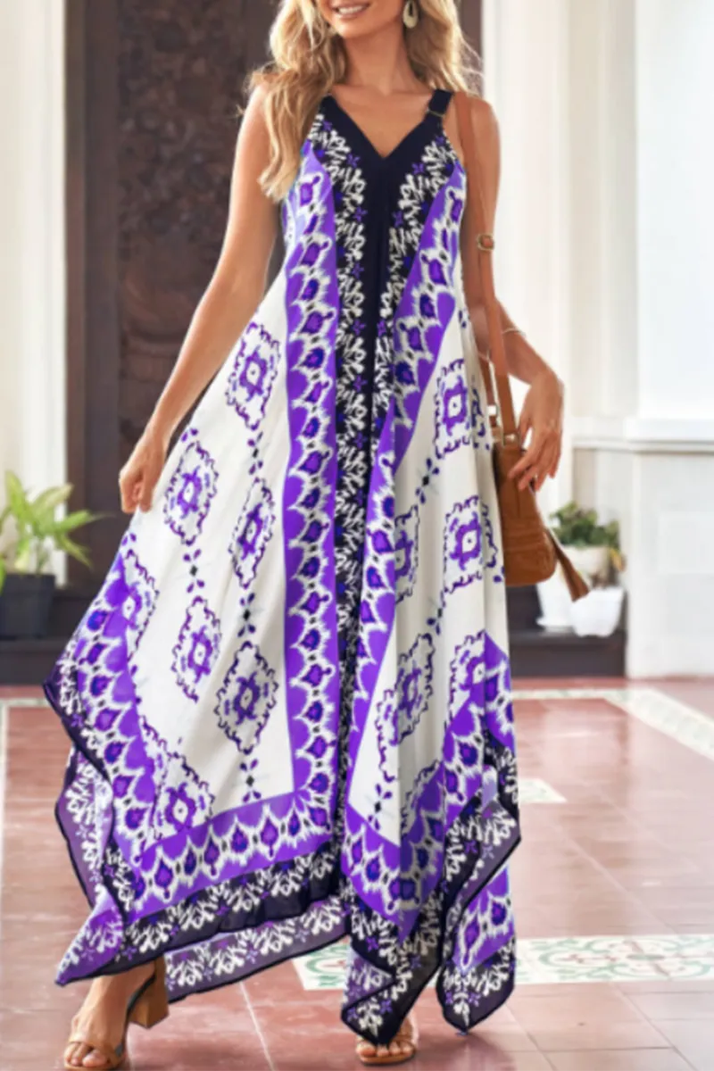 Fashion Print Patchwork V Neck Irregular Dress Dresses(5 Colors)
