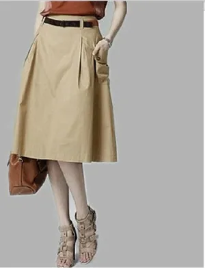 Fashion Style Casual A-line Pockets Skirt Khaki and Black Solid Midi Princess Button Women Skirts